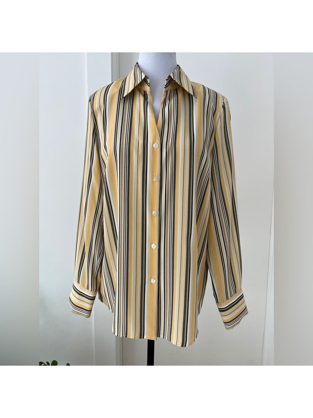 DELMOD Striped Long Sleeve Button Front Blouse Business Career Travel Chic